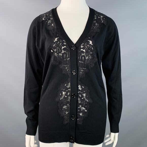CHLOE Size L Black Wool Lace Trim V-Neck Button Up Cardigan - Picture 1 of 7